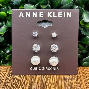 Anne Klein Silver and Pearl Cubic Zirconia Earrings